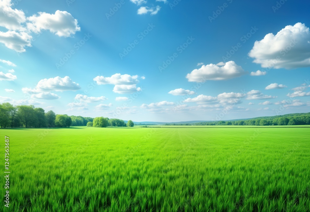 Obraz premium Vast green field stretches under a vibrant blue sky dotted with fluffy white clouds. Lush green trees line the horizon. Sunny day creates a beautiful summer scene.