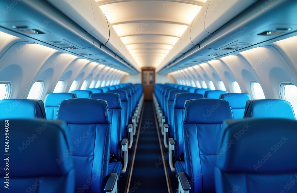 Fototapeta premium Empty blue airplane seats interior. Rows of blue seats arranged in cabin. Sky view through windows. Commercial airplane. Modern interior. Airline travel. Passenger seats in aircraft. Journey. Airline