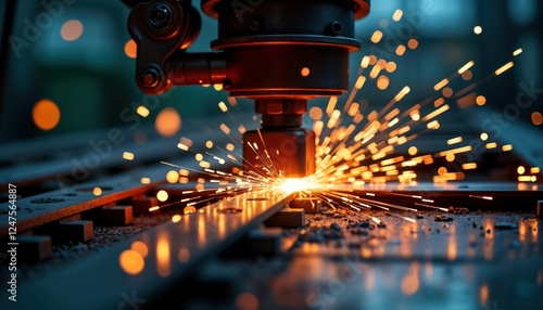 Industrial machine cuts metal. Sparks fly from metal cutting. Metal parts on dark work surface. Manufacturing process in progress. Production line. Factory environment. High tech industry. Modern photo