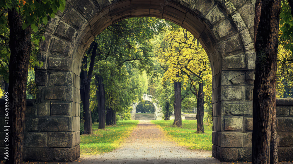 Naklejka premium Artistic view of structural archway in park space, surrounded by lush greenery and vibrant trees, creating serene and inviting atmosphere for visitors