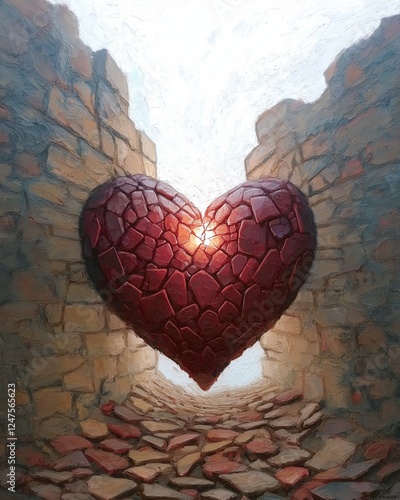 Surreal painting of a large, red, mosaic heart suspended between ancient stone walls with sunlight illuminating its center