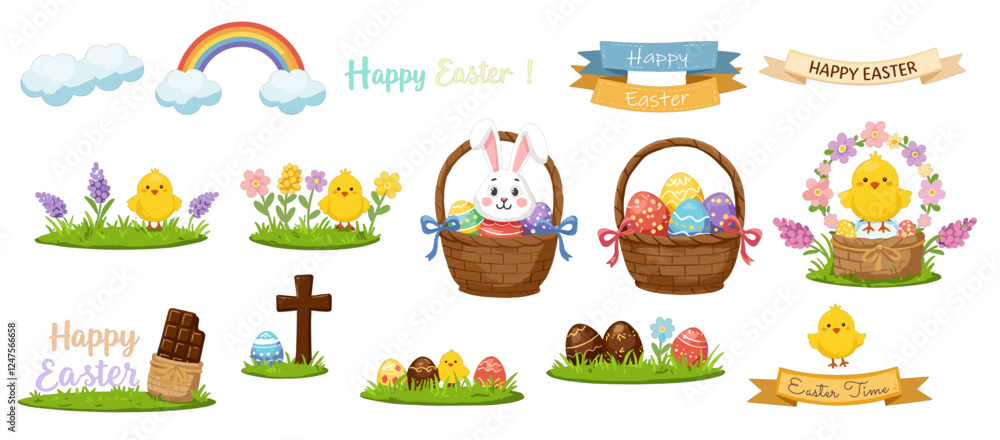 Fototapeta premium Colorful cartoon Happy Easter sticker collections