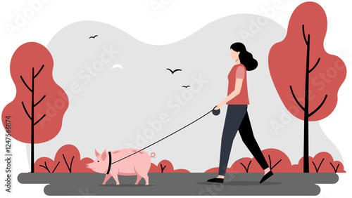 Minimalist vector of woman walking pig in the park