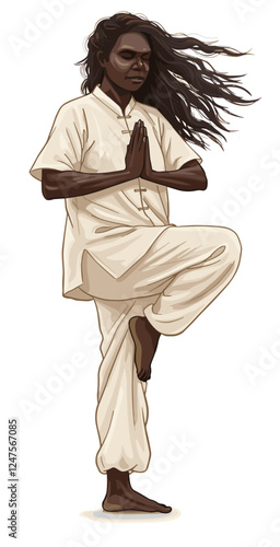 Aboriginal Australian mature woman doing tai chi practice. Realistic cartoon vector