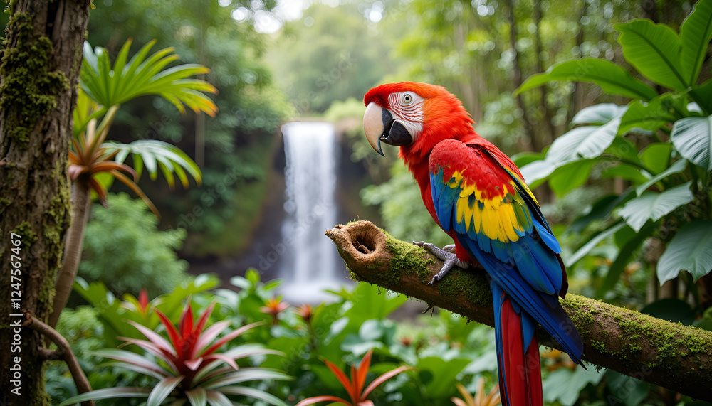 Obraz premium Scarlet macaw perched on a branch near a waterfall, Parrot on Perch, Pet Day
