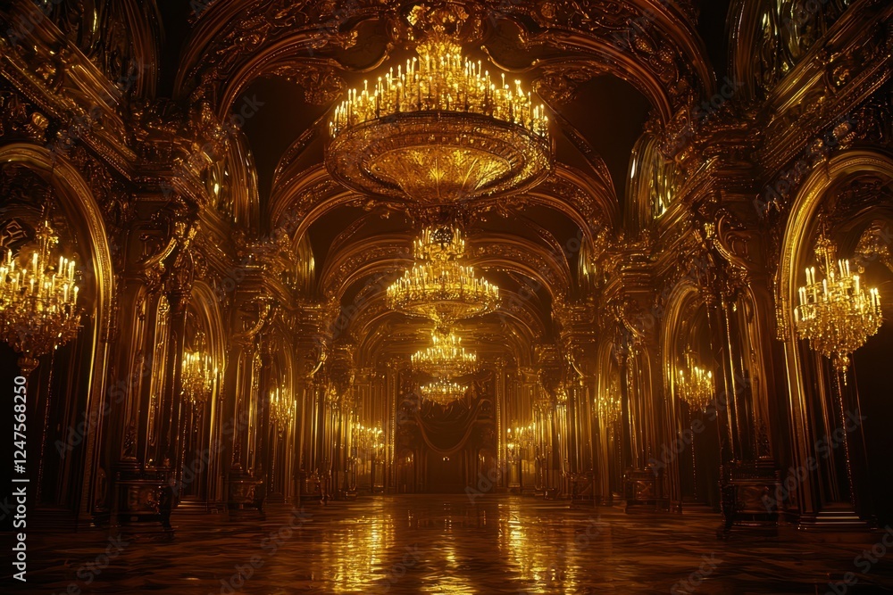 Obraz premium Lavish golden palace hall adorned with grand chandeliers and intricate decor.