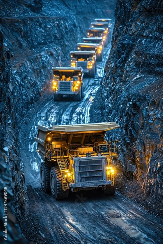 Heavy dump trucks navigate through a rocky mining site at dusk with illuminated paths photo