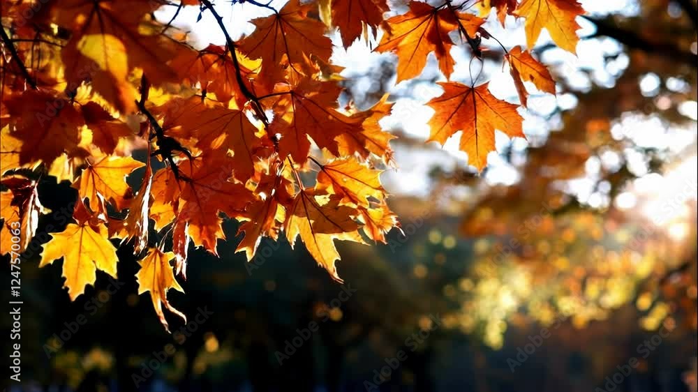 Sunlit Orange Autumn Leaves with Natural Light Glimmering in a Peaceful Forest Scene Sunlit Orange Autumn Leaves with Natural Light Glimmering in a Peaceful Forest Scene