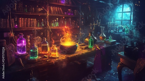 Wallpaper Mural A mystical alchemy laboratory filled with glowing potions and bubbling cauldron Torontodigital.ca