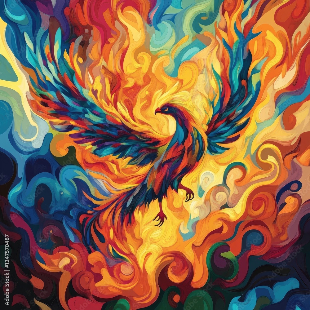 Fototapeta premium A vibrant phoenix rising from swirling flames, depicted in a stylized, abstract art style with rich colors and dynamic composition.