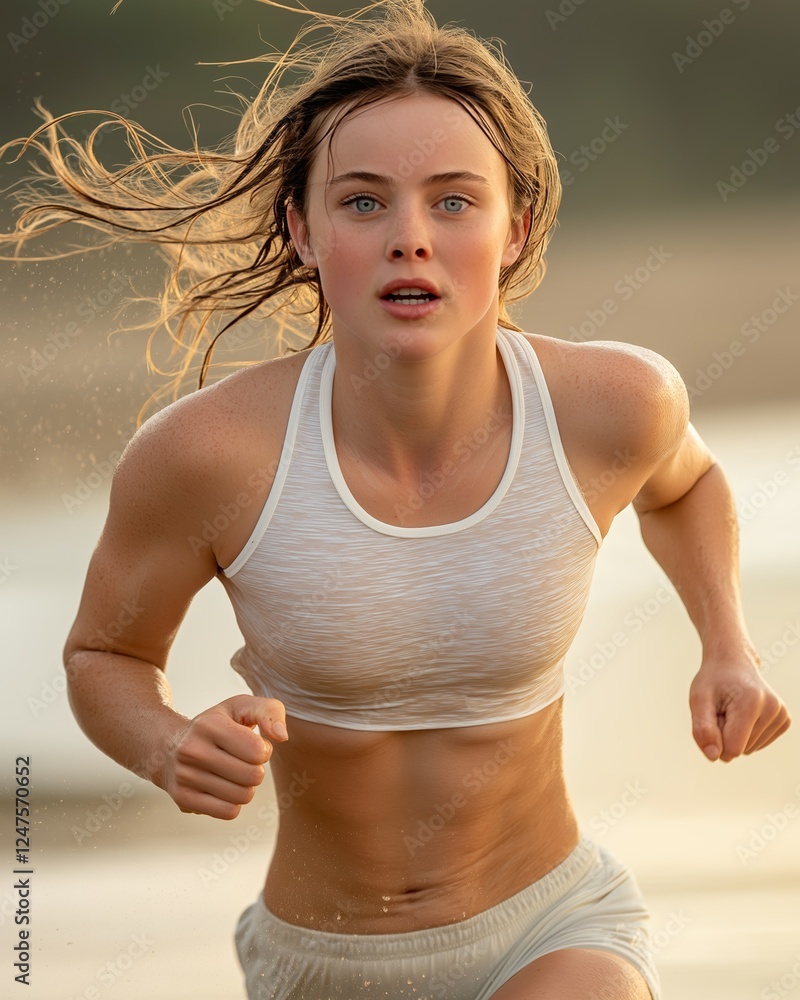 Young athletic woman in sportswear running on a beach, focused and determined, with dynamic motion and vibrant energy captured at sunset Young athletic woman in sportswear running on a beach, focused and determined, with dynamic motion and vibrant energy captured at sunset