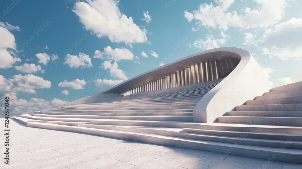 modern amphitheater with unique design featuring sweeping curves and steps, set against bright blue sky with fluffy clouds. structure showcases contemporary architecture and artistic elements modern amphitheater with unique design featuring sweeping curves and steps, set against bright blue sky with fluffy clouds. structure showcases contemporary architecture and artistic elements