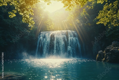 Picturesque waterfall in a lush forest, bathed in warm morning light.