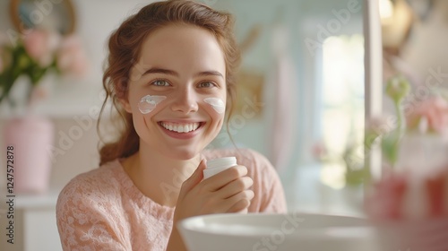 Young woman smiling while applying facial cream in cozy, bright bathroom setting with natural light and floral decor elements