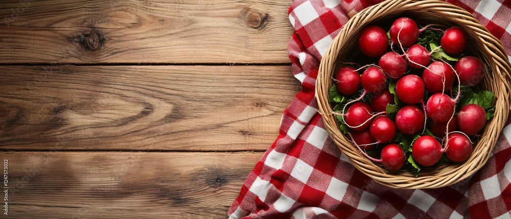 Top-Down View of Fresh Radishes in Woven Basket and Plate on Plaid Fabric Top-Down View of Fresh Radishes in Woven Basket and Plate on Plaid Fabric