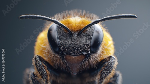 Close-up bee portrait, dark background, nature study
