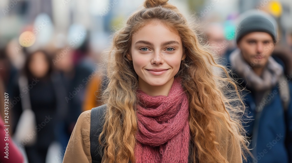 Fototapeta premium Young woman with curly hair smiling warmly while walking through a busy city street on a cool autumn day in fashion