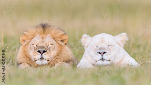 Two lions resting in African savanna grassland