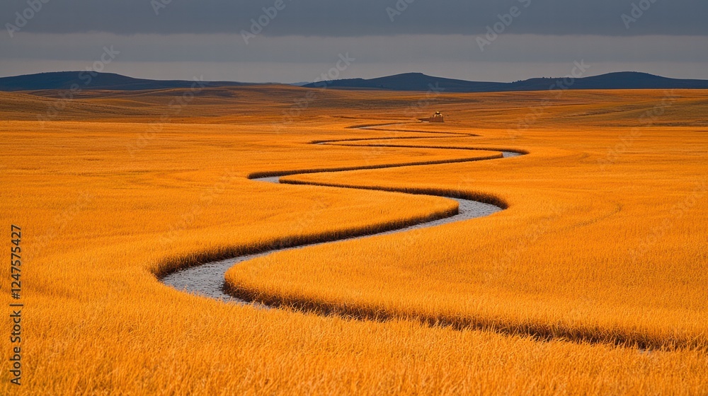 Fototapeta premium Golden Landscape with Winding River and Rolling Hills Under Cloudy Sky