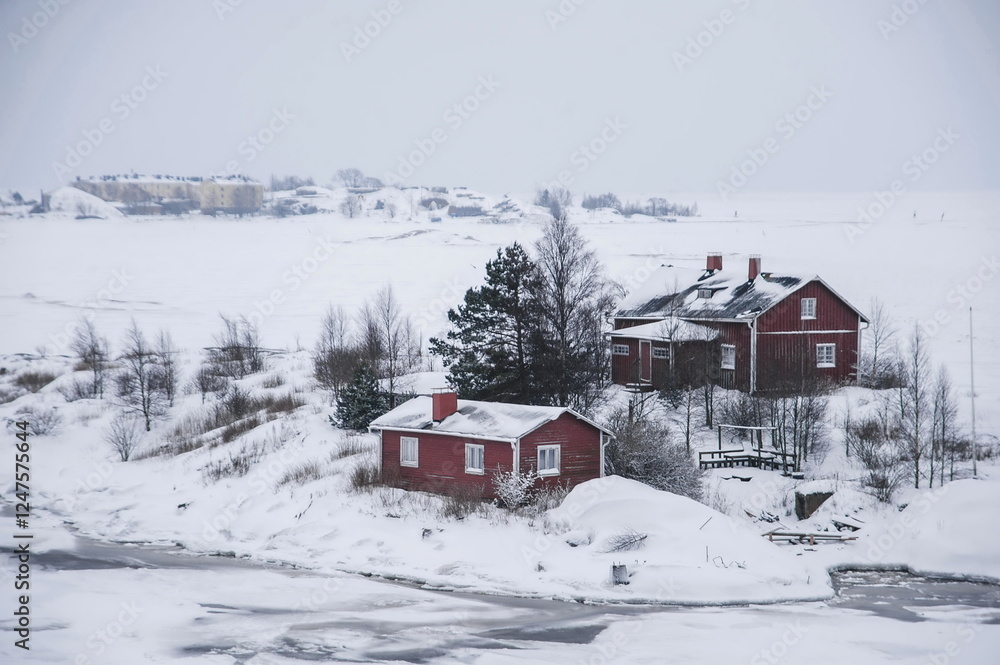 winter landscape with islands and iced sea in Stockholm Sweden