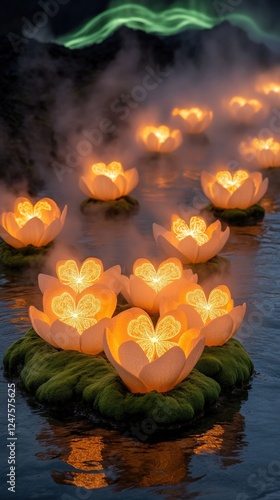 Enchanting Glowing Lotus Lanterns Illuminating Misty Water with Ethereal Green Light in Peaceful Natural Setting | Magical Night Water Lantern Display photo