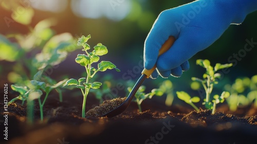 Hand Holding Gardening Tool Tending to Young Vegetable Plants photo