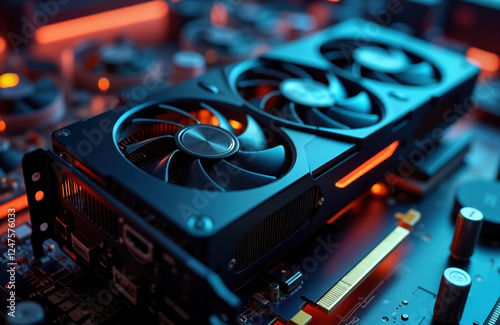 High-performance graphics card for gaming, crypto mining. Close-up view shows detailed cooling fans, circuit board. Modern tech design with sleek dark casing. Ideal setup for enthusiasts. Advanced photo