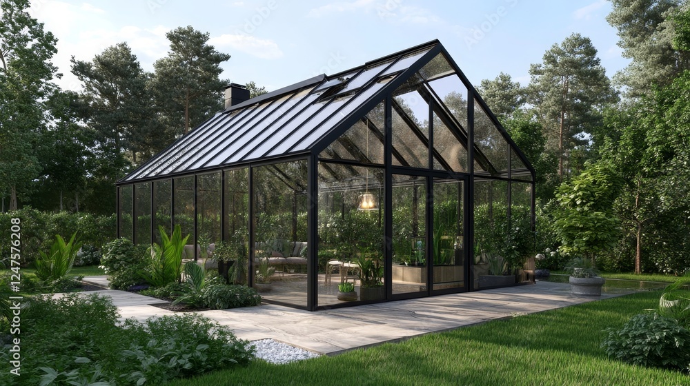 Fototapeta premium The ranch house includes an innovative glass addition serving as a sunroom and plant conservatory, which beautifully connects indoor living with the outdoor setting.