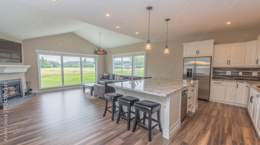 Fototapeta premium A modern ranch with a capacious, open-plan living area highlighted by expansive windows.