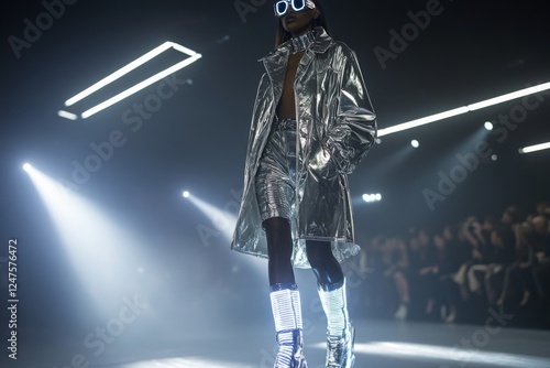 Fashion model walking under bright spotlights on a runway photo