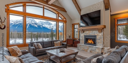 An expansive, opulent Montana ranch with snowy grounds and views overlooking the mountains. photo