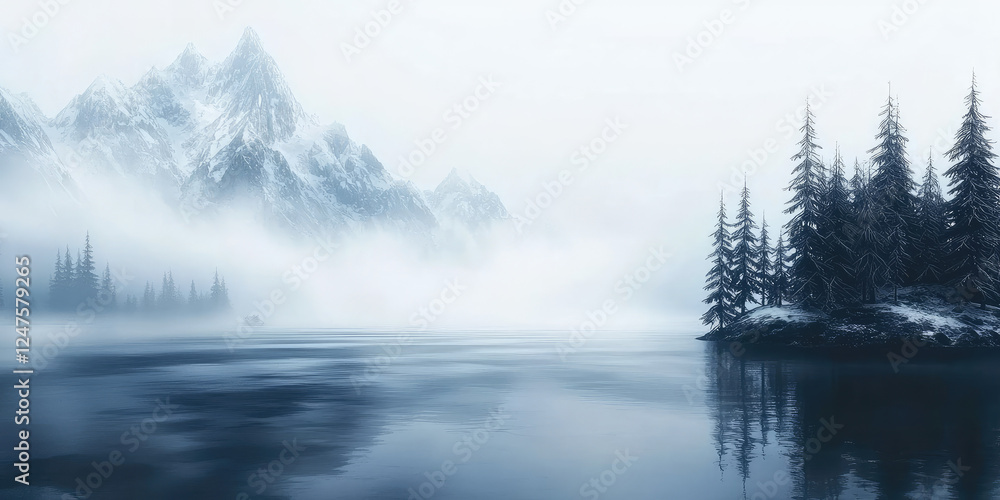 Fototapeta premium Picturesque tranquil landscape with lake, mountains, spruce trees and misty haze