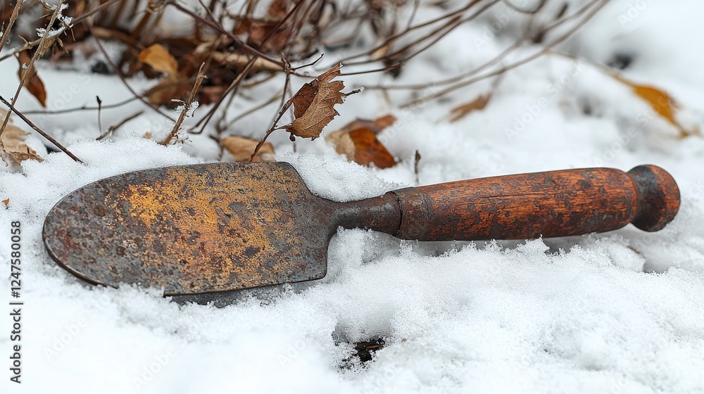 Fototapeta premium A rusty gardening trowel resting on snow among dried leaves.