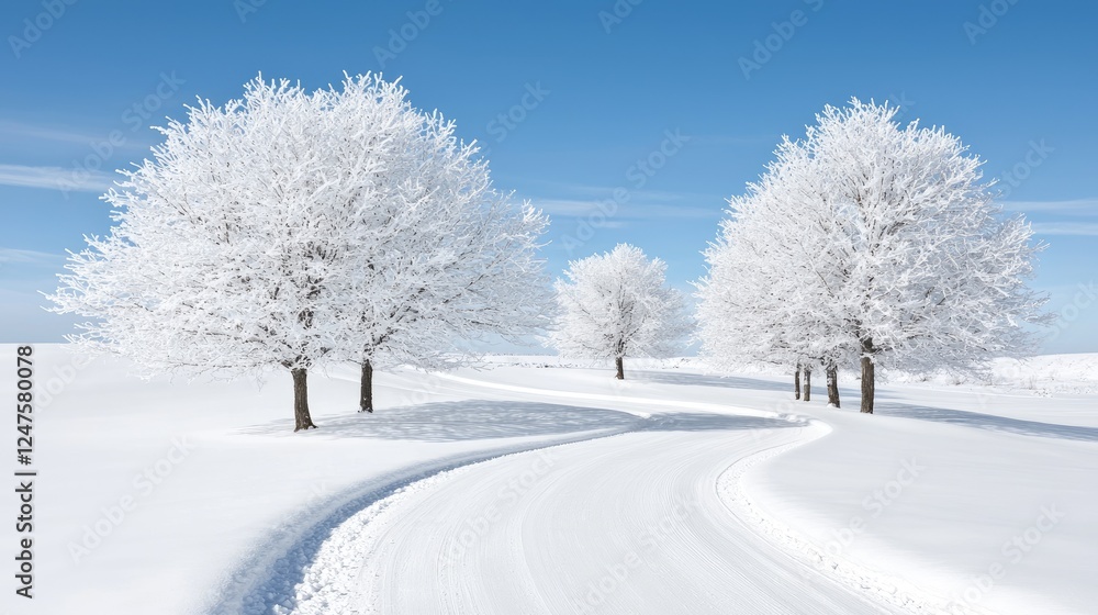 Obraz premium Snowy road winding through frosty trees. Winter landscape, idyllic scene