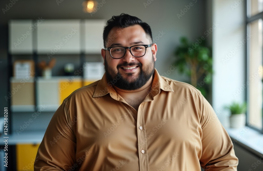 Plus-size Latin man smiling confidently at camera in modern office in Mexico City. Wearing casual light brown shirt. Modern design studio photo. Positive person. Attractive individual with glasses. Plus-size Latin man smiling confidently at camera in modern office in Mexico City. Wearing casual light brown shirt. Modern design studio photo. Positive person. Attractive individual with glasses.