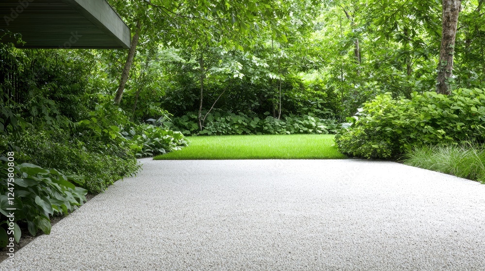 Lush garden, gravel path, house overhang, summer