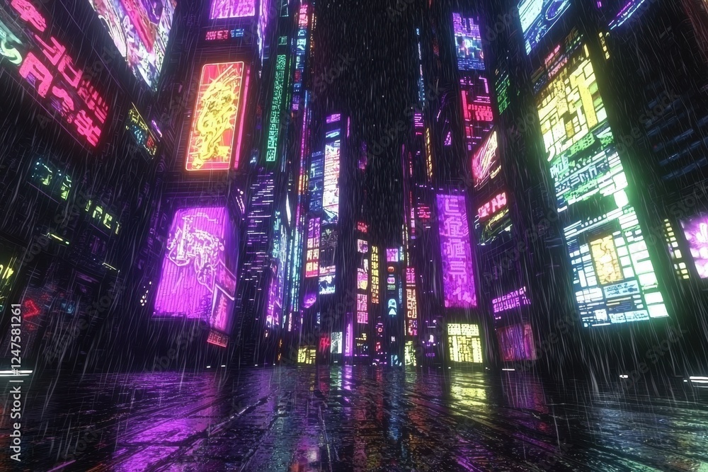 Naklejka premium Cyberpunk city with towering neon billboards glowing in a rainy atmosphere.