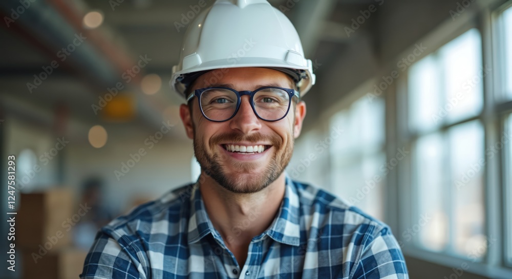 Smiling male engineer in white hard hat, eyeglasses. In office construction site. Happy pro person with beard. Builder architect manager. Successful, confident worker. Industrial manufacturing Smiling male engineer in white hard hat, eyeglasses. In office construction site. Happy pro person with beard. Builder architect manager. Successful, confident worker. Industrial manufacturing