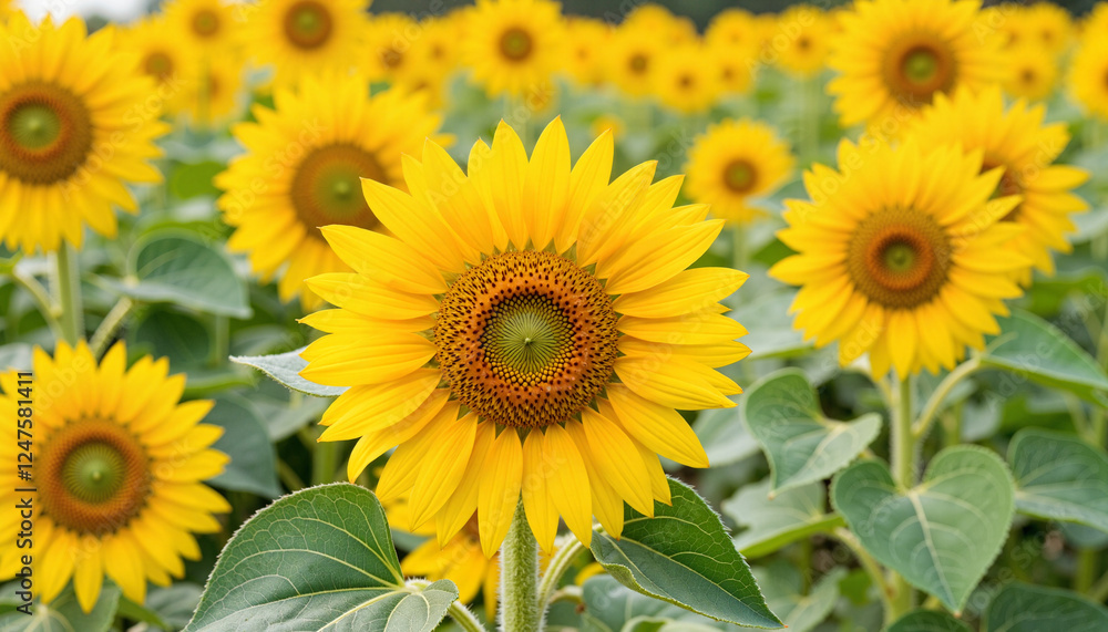Sunflower blooming in a field of bright yellow flowers Sunflower blooming in a field of bright yellow flowers