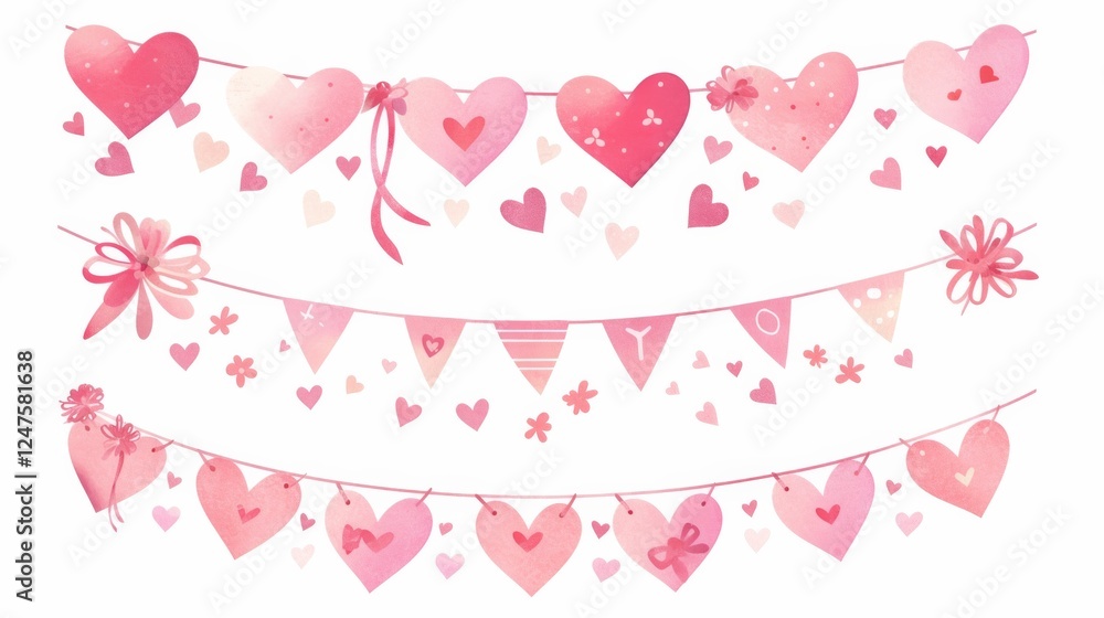 Festive bunting and garland set on white background, featuring cute party flags and holiday decorations, perfect for Valentine's Day, celebrations, and cheerful event themes. Festive bunting and garland set on white background, featuring cute party flags and holiday decorations, perfect for Valentine's Day, celebrations, and cheerful event themes.