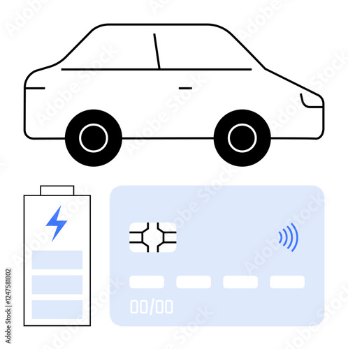 Electric vehicle outline, battery icon, and credit card with contactless payment waves. Ideal for sustainable mobility, payment technology, EV charging, innovation, convenience, finance abstract