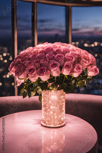 Pink Rose Bouquet with Illuminated Crystal Vase, Night City Sklyline in Background photo