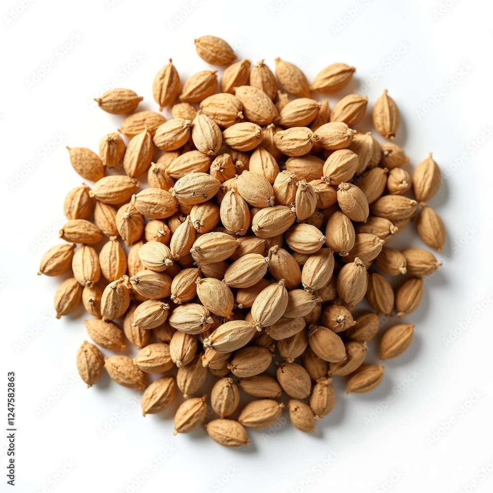 Heap of dried coriander seeds isolated on white background. Close up view of natural organic spice. Healthy ingredient for cooking. Dry seeds perfect for seasoning food. Aroma, flavor for vegetarian Heap of dried coriander seeds isolated on white background. Close up view of natural organic spice. Healthy ingredient for cooking. Dry seeds perfect for seasoning food. Aroma, flavor for vegetarian