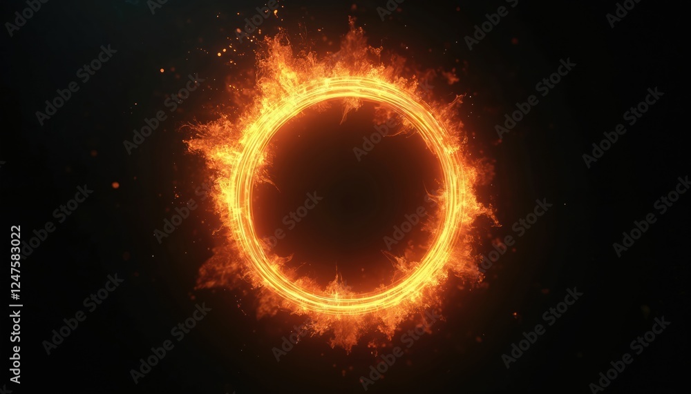 Fototapeta premium Fiery ring spins on black background. Glowing circle of flames. Image shows energy aura luminous circle. Visual design suitable for creative content. Image captures dynamic energy, glowing fire.