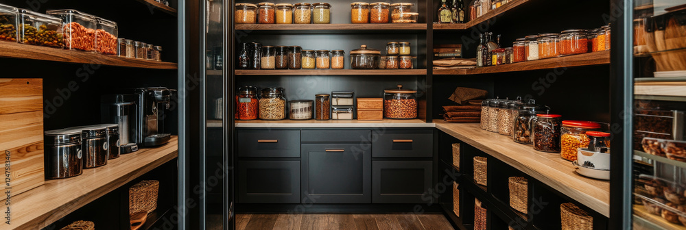well organized pantry with wooden shelves and various jars filled with grains, spices, and dry goods, creating warm and inviting atmosphere well organized pantry with wooden shelves and various jars filled with grains, spices, and dry goods, creating warm and inviting atmosphere