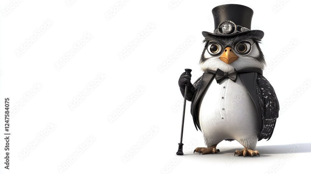 Obraz premium A dapper cartoon owl in a top hat, glasses, jacket, and bow tie holds a cane. Isolated on white background, leaving ample copy space.