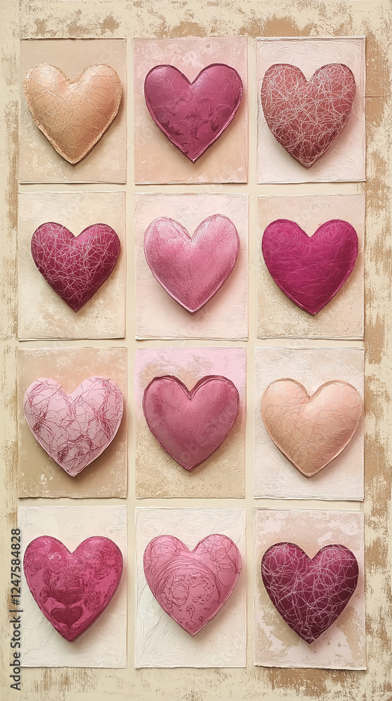Twelve Valentine hearts on paper textures vertical