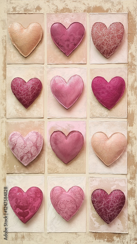 Obraz na płótnie Twelve Valentine hearts on paper textures vertical w salonie