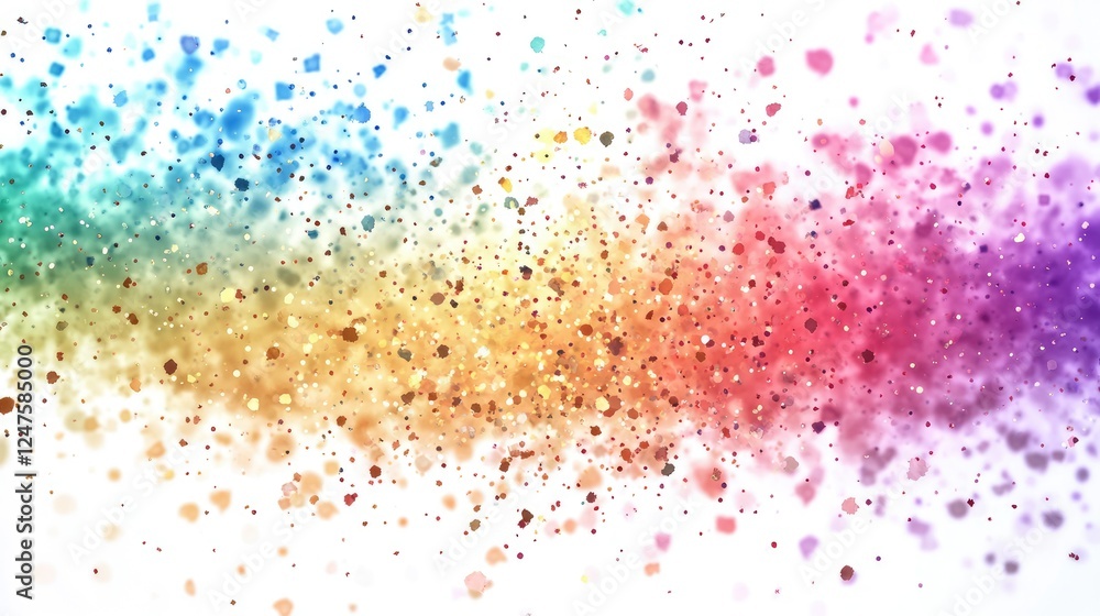 A vibrant explosion of colorful dots and sparkles against a white background.