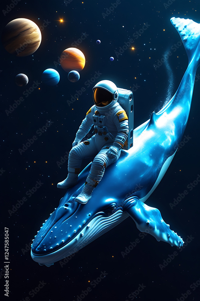 Fototapeta premium A cinematic, high-contrast photo of a helmetless astronaut atop a glowing blue whale, drifting through deep space. Vibrant planets and twinkling stars surround them, creating a surreal cosmic dreamsca
